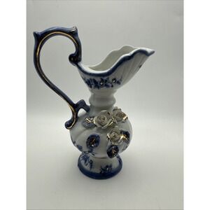 Vtg Small Porcelain Vase HandSculpted & Painted Floral Design Gold Trim 5.5"High